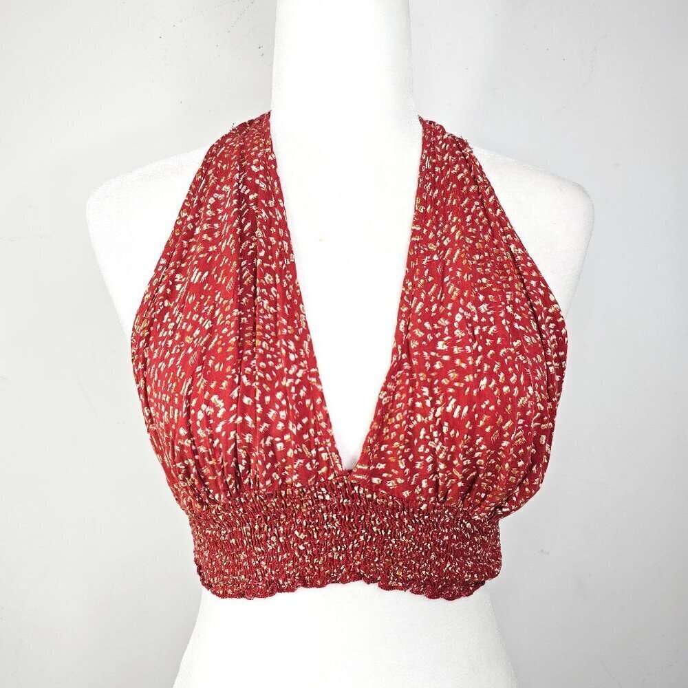 Women's Red Ditsy Floral 90s Halter Crop Top